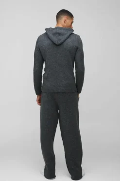 Shop boohooMAN Relaxed Fit Split Hem Brushed Knit Joggers charcoal