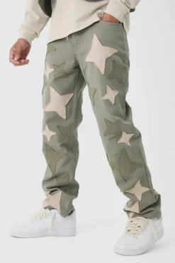 Discount boohooMAN Relaxed Fit Star Patchwork Applique Jeans khaki