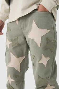 Discount boohooMAN Relaxed Fit Star Patchwork Applique Jeans khaki