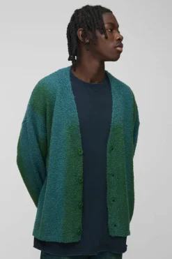 Hot boohooMAN Relaxed Fit Stripe Boucle Knitted Cardigan green