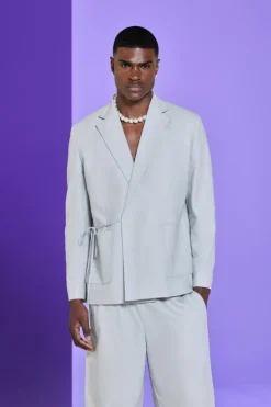 Sale boohooMAN Relaxed Fit Tie Front Linen Blazer In grey