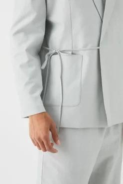 Sale boohooMAN Relaxed Fit Tie Front Linen Blazer In grey