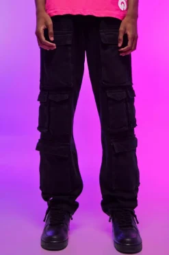 Outlet boohooMAN Relaxed Fit Washed Multi Pocket Cargo Jeans washed black