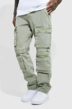 Outlet boohooMAN Relaxed Fit Washed Multi Pocket Cargo Jeans sage