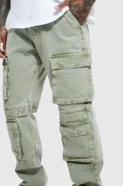 Outlet boohooMAN Relaxed Fit Washed Multi Pocket Cargo Jeans sage