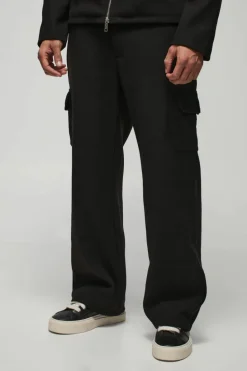 Best Sale boohooMAN Relaxed Fit Wool Look Fixed Waistband Trousers black