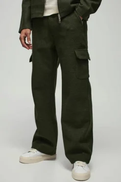 Store boohooMAN Relaxed Fit Wool Look Fixed Waistband Trousers khaki