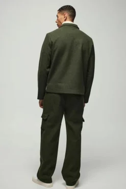 Store boohooMAN Relaxed Fit Wool Look Fixed Waistband Trousers khaki