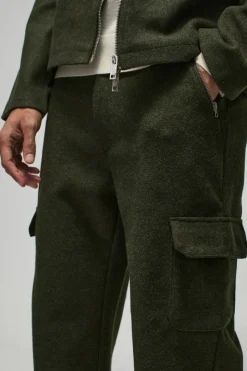 Store boohooMAN Relaxed Fit Wool Look Fixed Waistband Trousers khaki