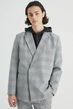 New boohooMAN Relaxed Fit Wrap Front Pow Check Blazer grey