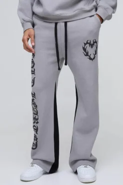 Discount boohooMAN Relaxed Flare Cold Hearted Puff Print Gusset Jogger grey