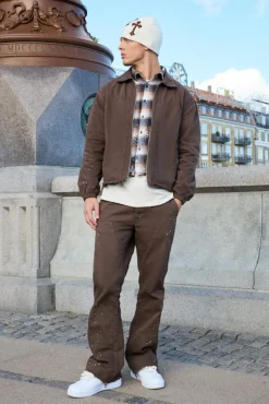 Hot boohooMAN Relaxed Flared Carpenter Paint Splatter Trousers chocolate