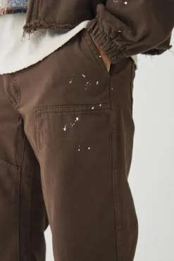 Hot boohooMAN Relaxed Flared Carpenter Paint Splatter Trousers chocolate