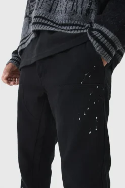 Outlet boohooMAN Relaxed Flared Carpenter Paint Splatter Trousers black
