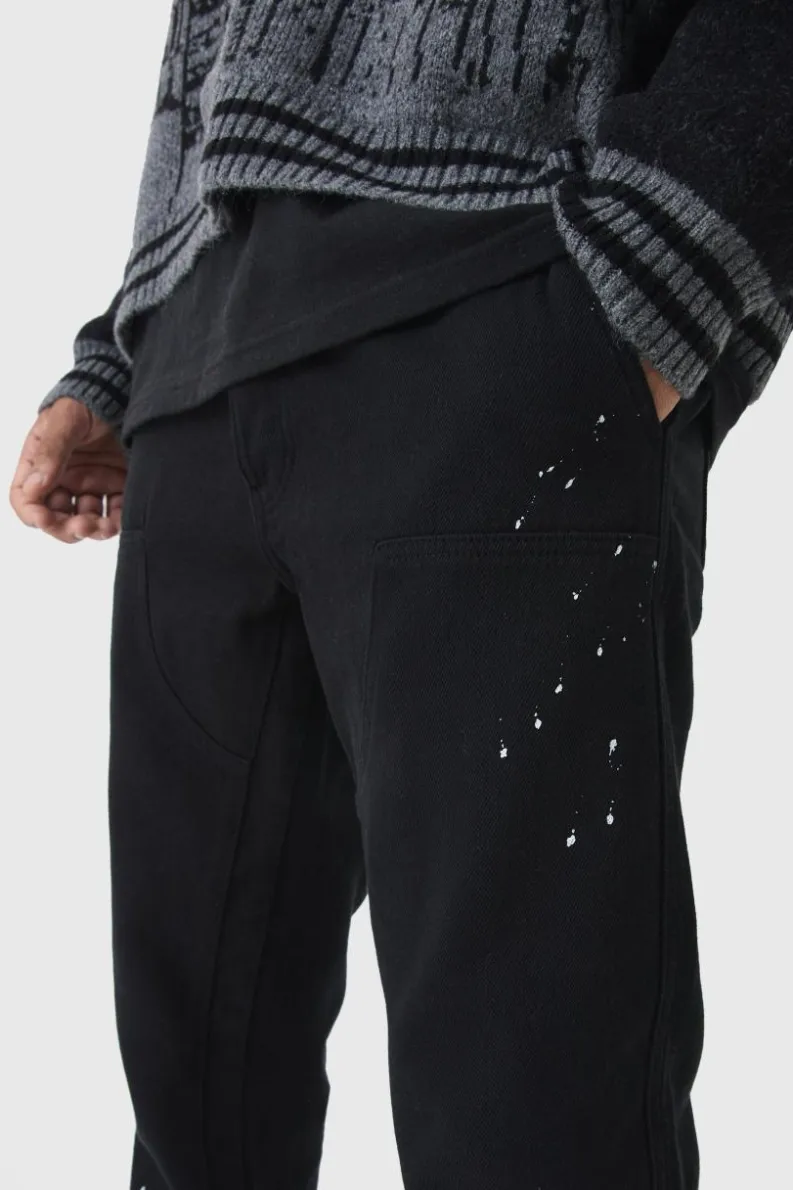 Outlet boohooMAN Relaxed Flared Carpenter Paint Splatter Trousers black