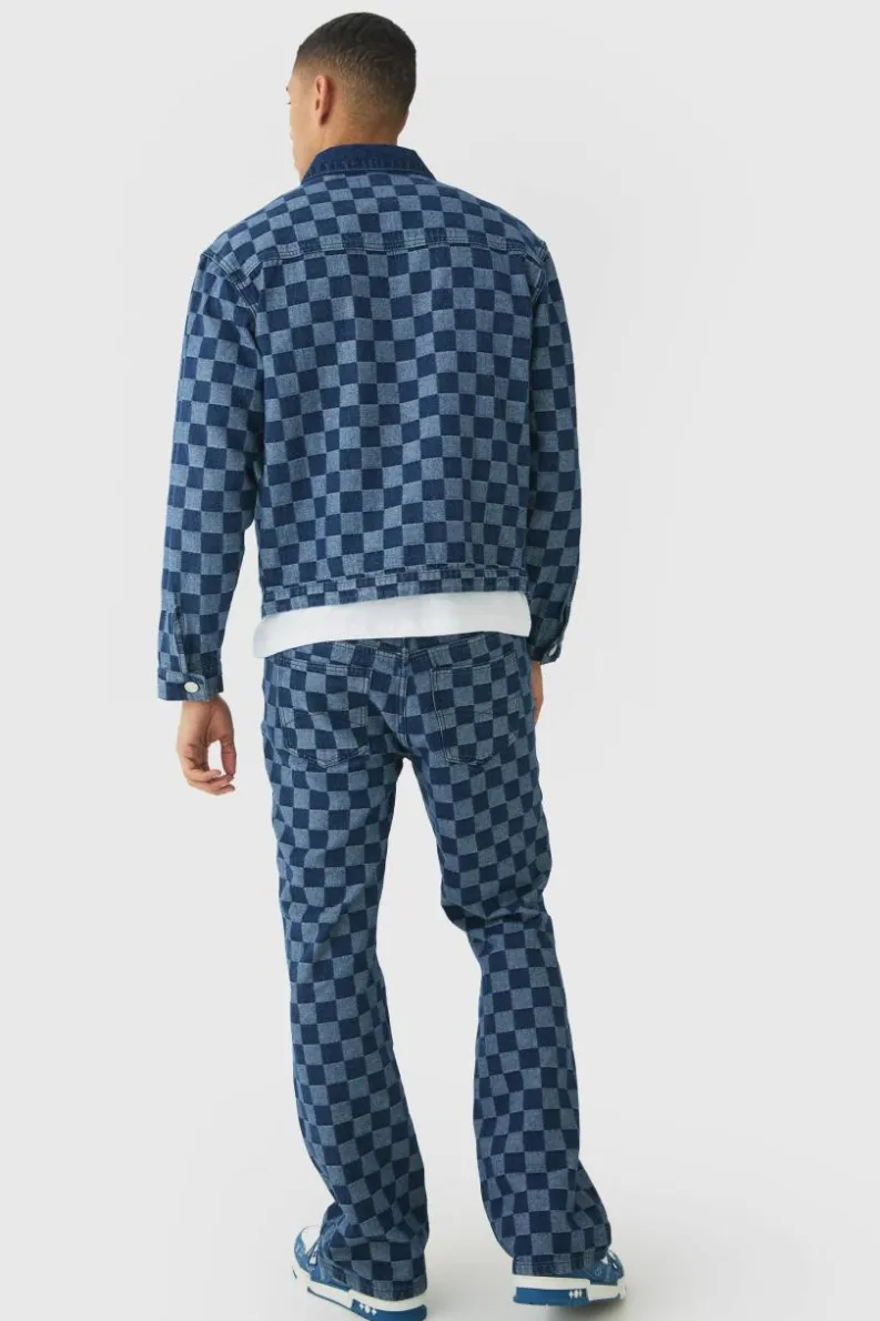 Outlet boohooMAN Relaxed Flared Jacquard Checkerboard Jeans indigo