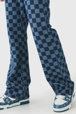 Outlet boohooMAN Relaxed Flared Jacquard Checkerboard Jeans indigo