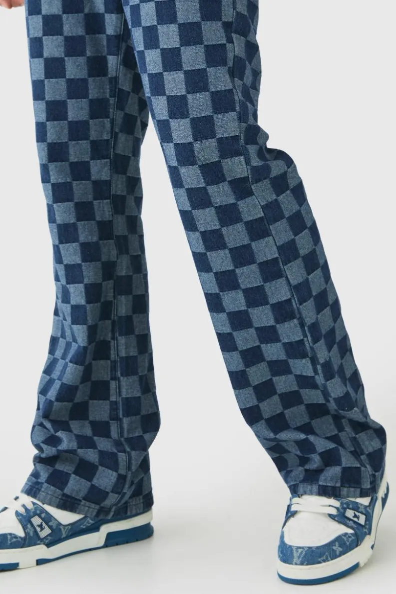 Outlet boohooMAN Relaxed Flared Jacquard Checkerboard Jeans indigo