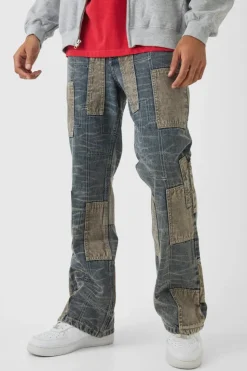 Flash Sale boohooMAN Relaxed Flared Patchwork Contrast Stitch Jeans vintage blue