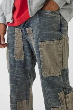 Flash Sale boohooMAN Relaxed Flared Patchwork Contrast Stitch Jeans vintage blue