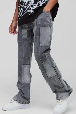 New boohooMAN Relaxed Flared Patchwork Contrast Stitch Jeans charcoal