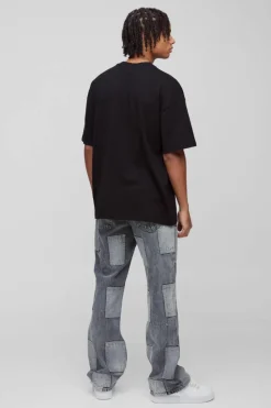 New boohooMAN Relaxed Flared Patchwork Contrast Stitch Jeans charcoal