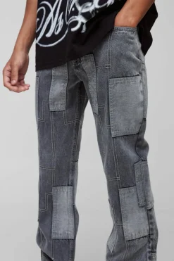 New boohooMAN Relaxed Flared Patchwork Contrast Stitch Jeans charcoal