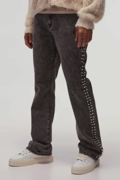 Discount boohooMAN Relaxed Flared Pearl Side Detail Jeans charcoal