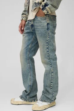 Best boohooMAN Relaxed Flared Stacked Antique Wash Jeans antique blue
