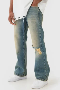 Best Sale boohooMAN Relaxed Flare Rigid Knee Rip Tinted Denim Jean green