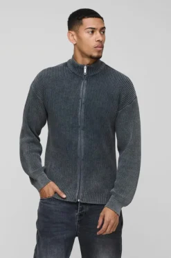 Shop boohooMAN Relaxed Funnel Neck Zip Up Acid Wash Jumper black