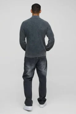 Shop boohooMAN Relaxed Funnel Neck Zip Up Acid Wash Jumper black