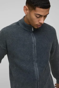 Shop boohooMAN Relaxed Funnel Neck Zip Up Acid Wash Jumper black