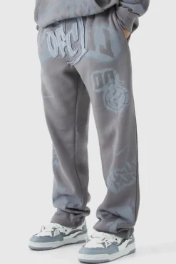 Store boohooMAN Relaxed Graffiti Applique Joggers mid grey
