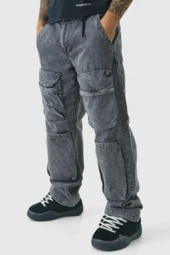 Flash Sale boohooMAN Relaxed Heavyweight Twill Acid Washed Cargo Trousers dark grey