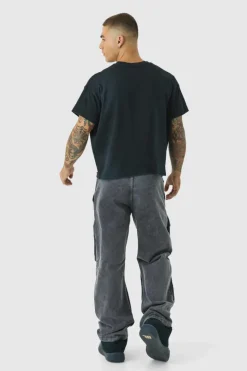 Flash Sale boohooMAN Relaxed Heavyweight Twill Acid Washed Cargo Trousers dark grey