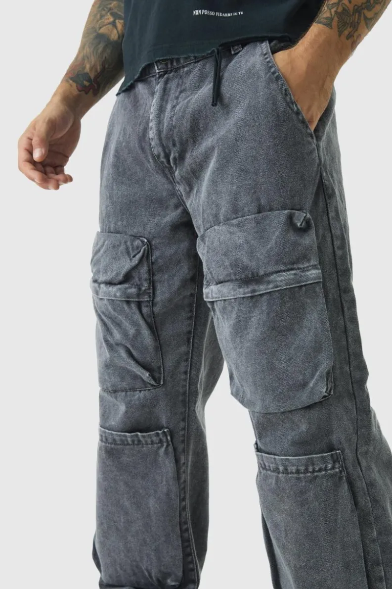 Flash Sale boohooMAN Relaxed Heavyweight Twill Acid Washed Cargo Trousers dark grey