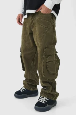 Cheap boohooMAN Relaxed Heavyweight Twill Panelled Cargo Trousers dark green