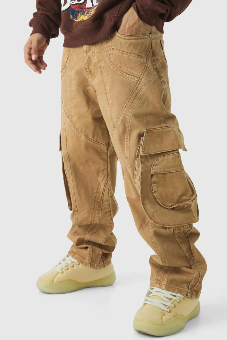 Store boohooMAN Relaxed Heavyweight Twill Panelled Cargo Trousers sand