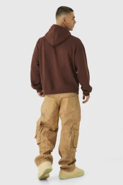 Store boohooMAN Relaxed Heavyweight Twill Panelled Cargo Trousers sand