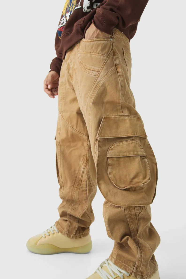 Store boohooMAN Relaxed Heavyweight Twill Panelled Cargo Trousers sand
