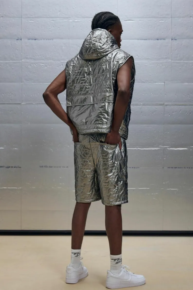 Outlet boohooMAN Relaxed Jort Fit Metallic Nylon Quilted Woven Shorts charcoal