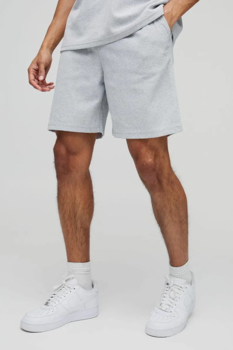 Hot boohooMAN Relaxed Man Embroidered Waffle Shorts grey