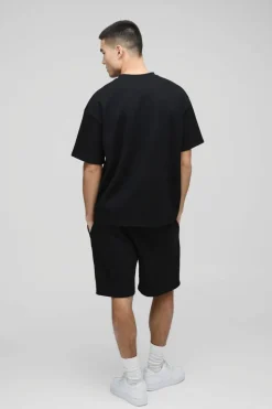 Clearance boohooMAN Relaxed Man Embroidered Waffle Shorts black