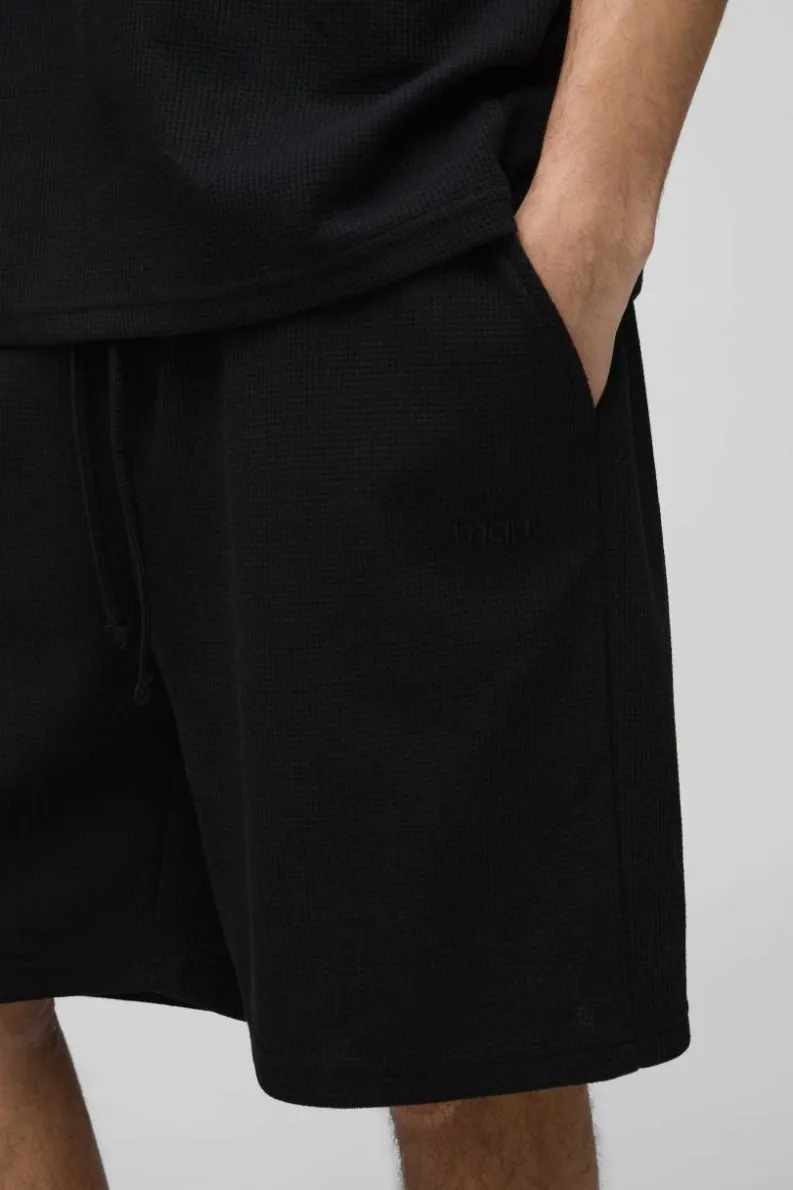 Clearance boohooMAN Relaxed Man Embroidered Waffle Shorts black