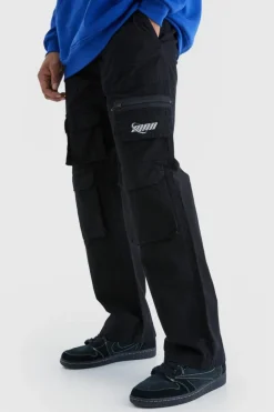 New boohooMAN Relaxed Multi Cargo Ripstop Trouser With Tonal Embroidery black