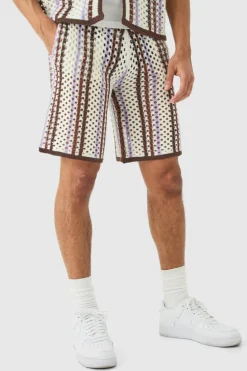 Store boohooMAN Relaxed Open Stitch Stripe Knitted Short ecru
