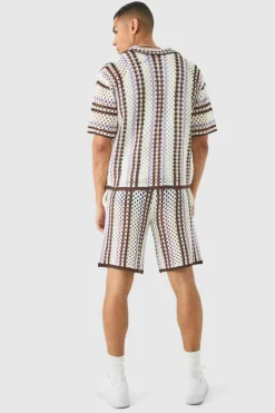 Store boohooMAN Relaxed Open Stitch Stripe Knitted Short ecru