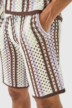 Store boohooMAN Relaxed Open Stitch Stripe Knitted Short ecru