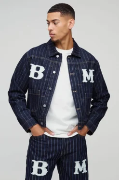 Online boohooMAN Relaxed Pinstripe Denim Applique Harrington Jacket dark blue